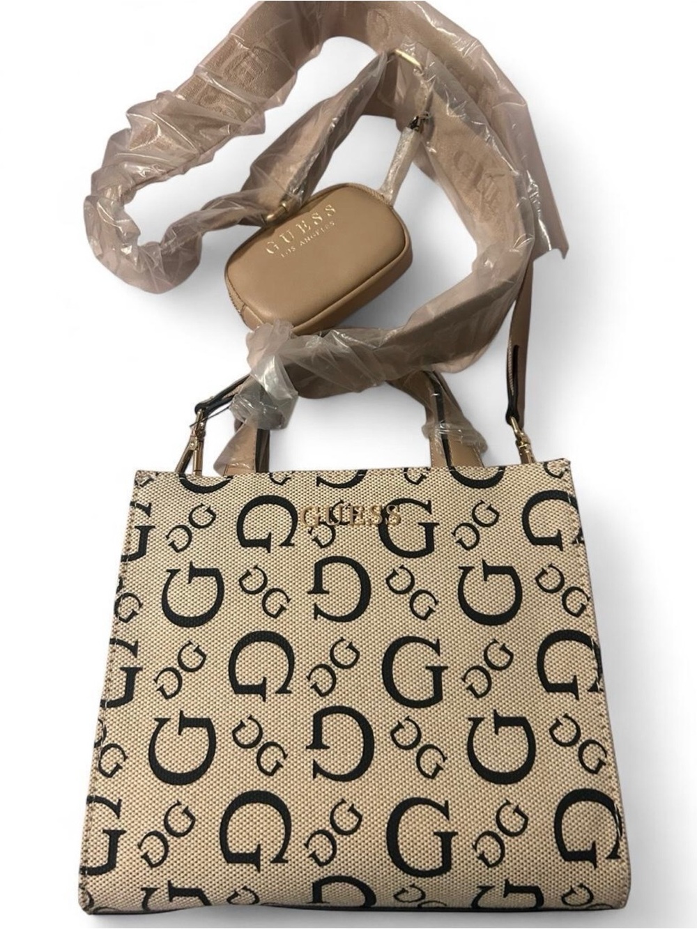 Guess Beige Logo Monogram Tote with Small Crossbody Pouch